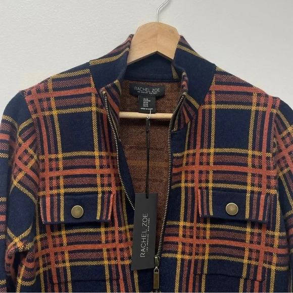 Rachel Zoe Plaid Zip Sweater Cardigan Jacket Knit Shacket. Orange & Navy. Medium - Picture 2 of 16